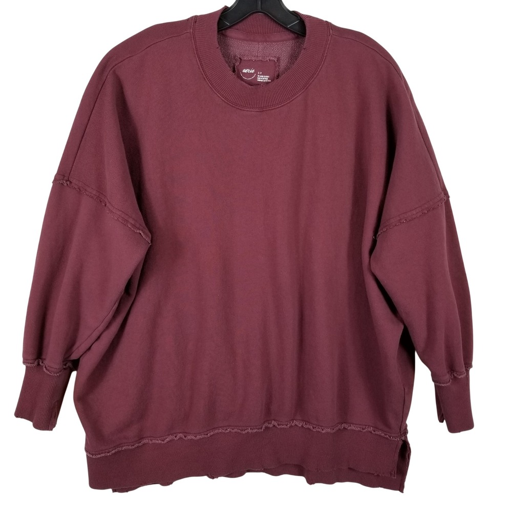 Aerie Oversized Crew Neck Sweatshirt Burgundy Raw Edge Seam Pullover Small